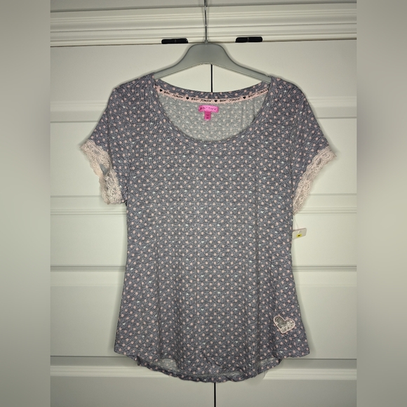 NWT Betsey Johnson Medium Pajama Top Short Sleeve Gray with Pink Polka Dots - Picture 1 of 11